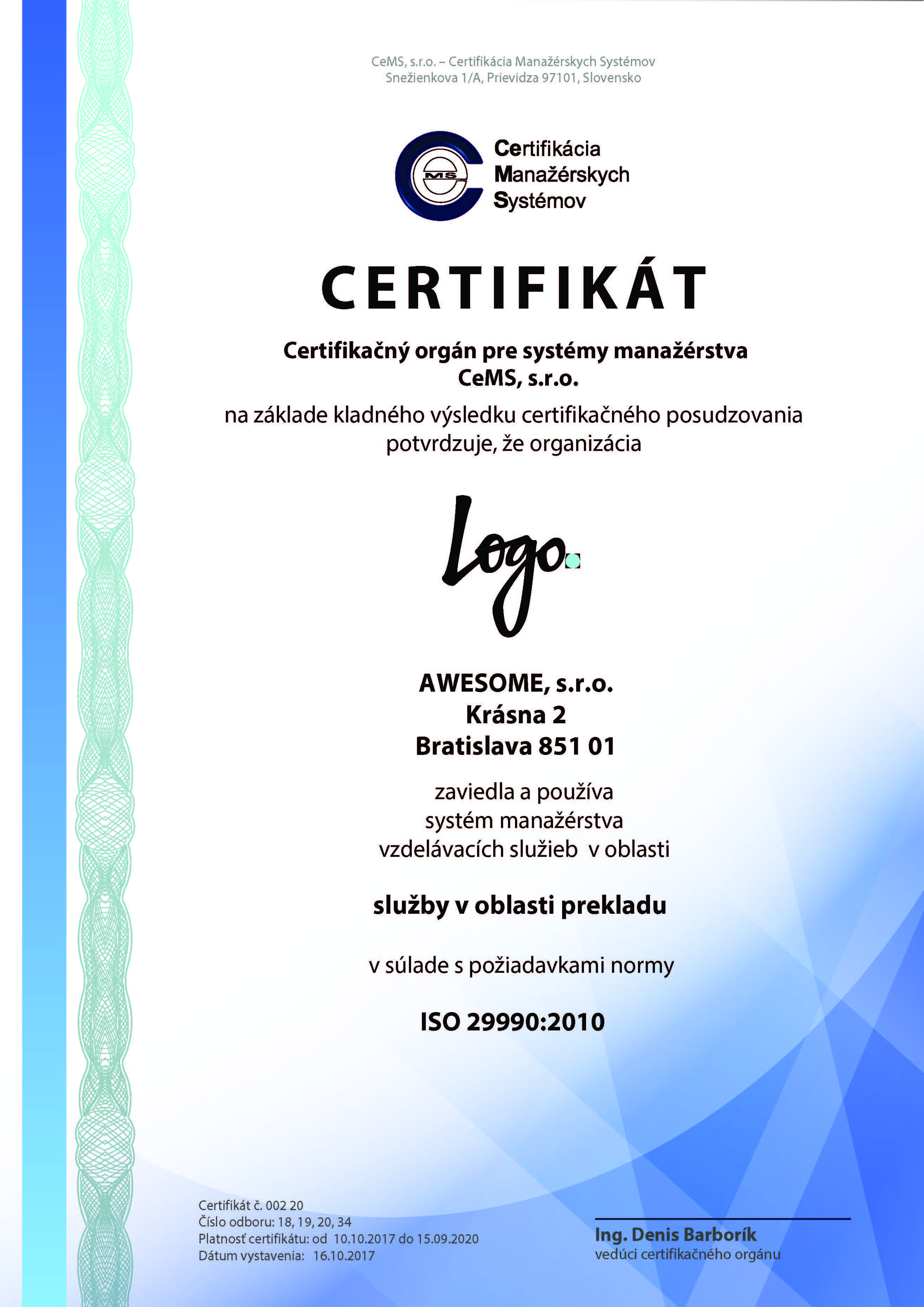 vzor certifikátu ISO 9001 od CeMS